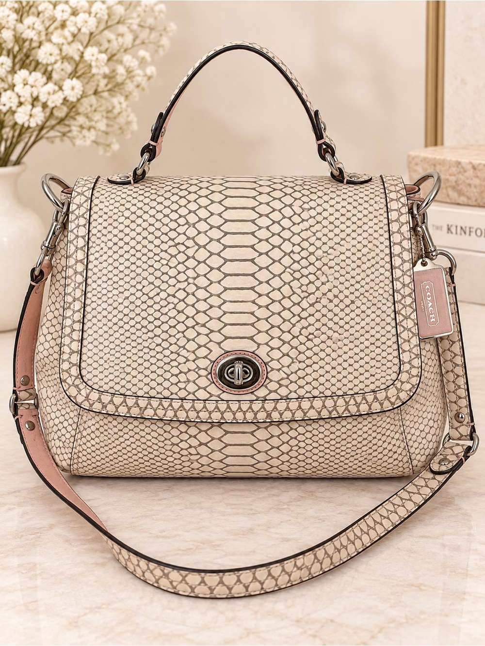 Coach Park Python Flap Leather Satchel Shoulder Bag Ivory Blush F24392